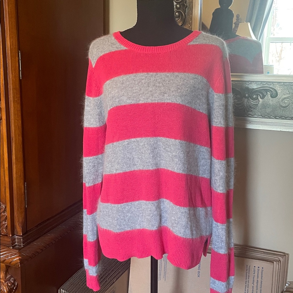 HALOGEN Pink and Gray Striped Soft Angora Blend Sweater Size Large
